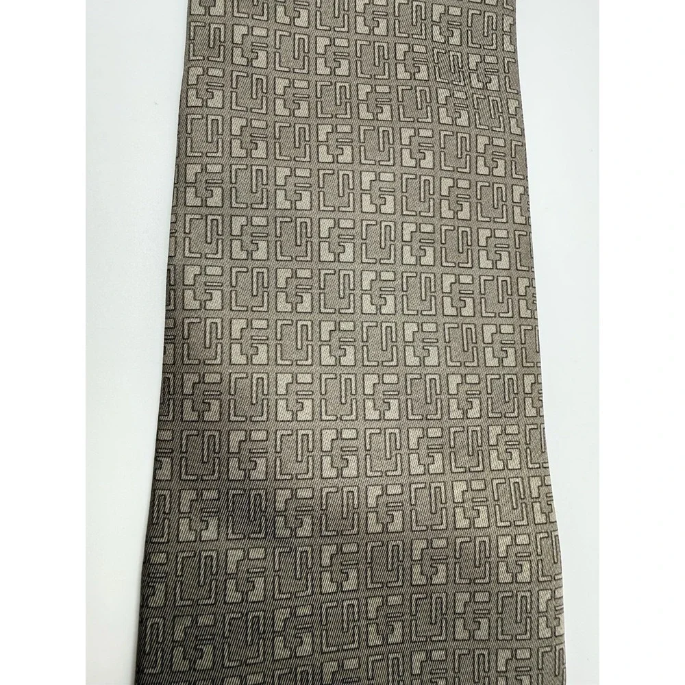 Gucci Silk Tie Italy Taupe Brown Geometric Monogram Jacquard Luxury GG